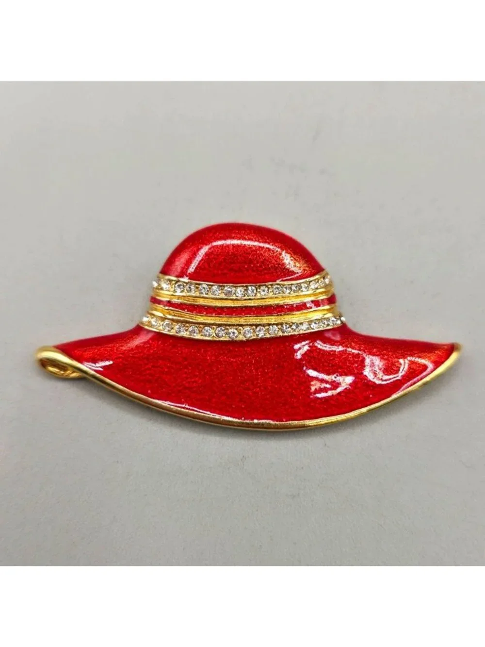 Vintage Red Hat Society Brooch Pin Red Enamel Rhinestone Gold Tone 2